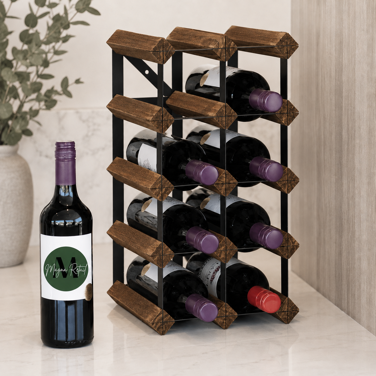 12 Bottle Wood & Metal Wine Rack (Dark Wood & Black)
