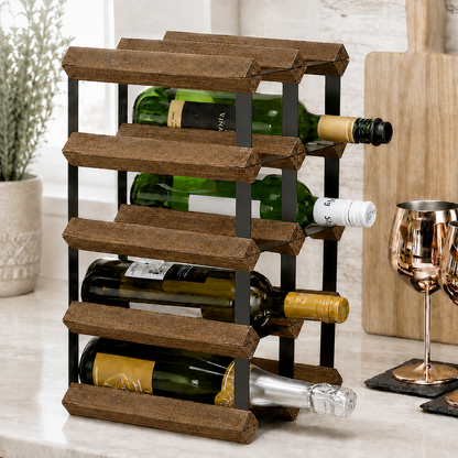 12 Bottle Wood & Metal Wine Rack (Dark Wood & Black)