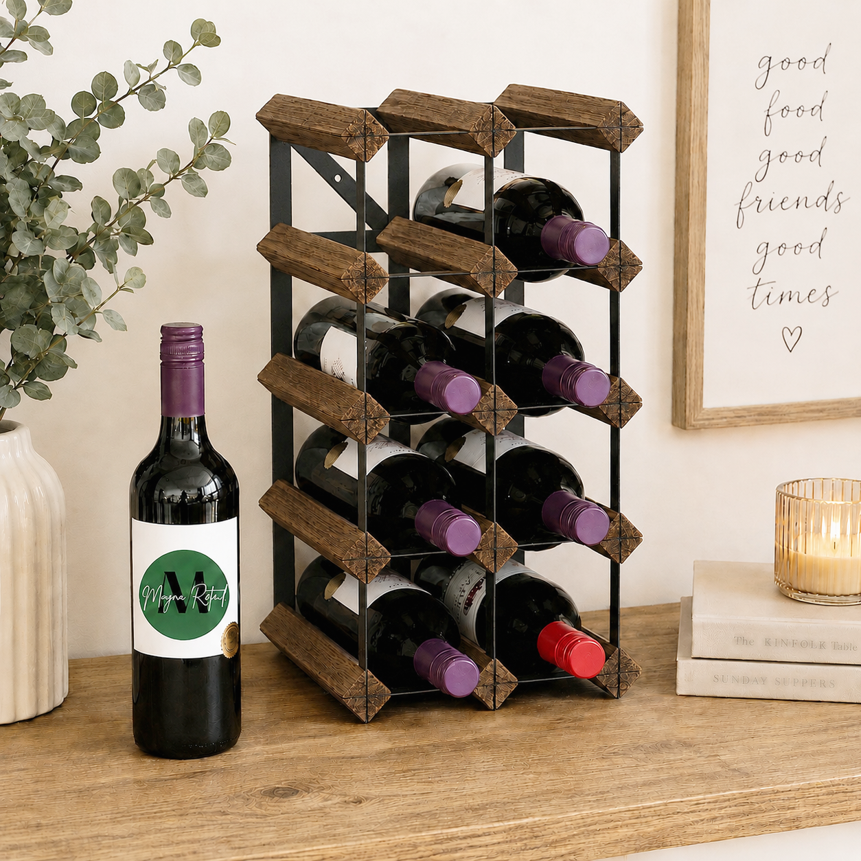 12 Bottle Wood & Metal Wine Rack (Dark Wood & Black)