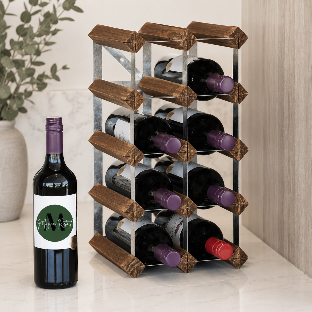 12 Bottle Wood & Metal Wine Rack (Dark Wood & Silver)