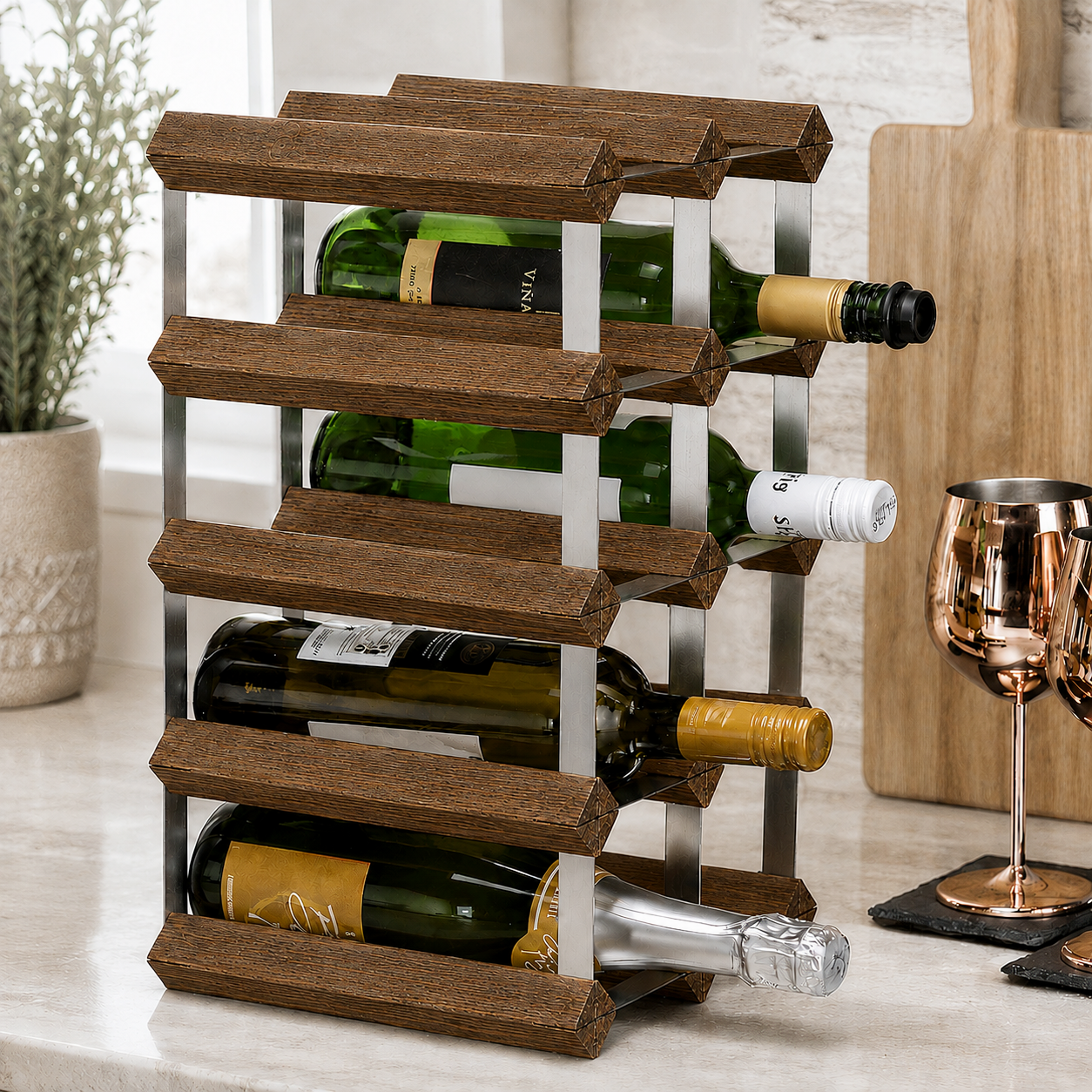 12 Bottle Wood & Metal Wine Rack (Dark Wood & Silver)