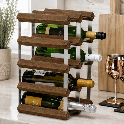 12 Bottle Wood & Metal Wine Rack (Dark Wood & Silver)