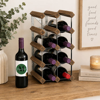 12 Bottle Wood & Metal Wine Rack (Dark Wood & Silver)