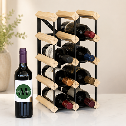 12 Bottle Wood & Metal Wine Rack (Natural Wood & Black)