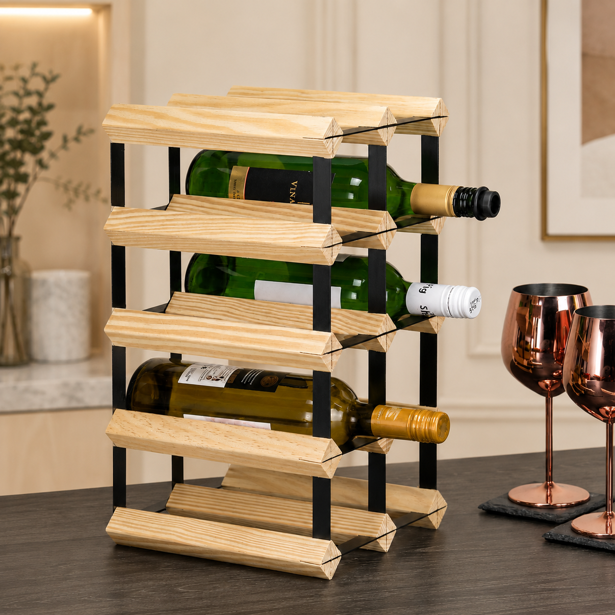 12 Bottle Wood & Metal Wine Rack (Natural Wood & Black)