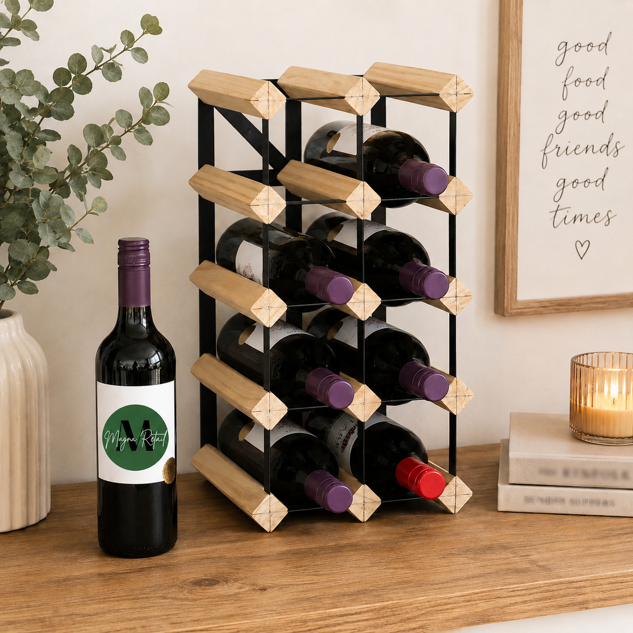 12 Bottle Wood & Metal Wine Rack (Natural Wood & Black)
