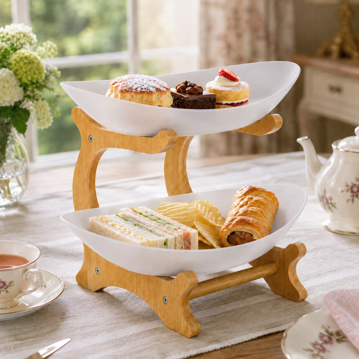 Bamboo 2-Tier Serving Platter Set - White