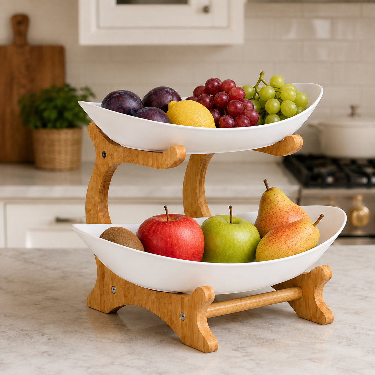 Bamboo 2-Tier Serving Platter Set - White