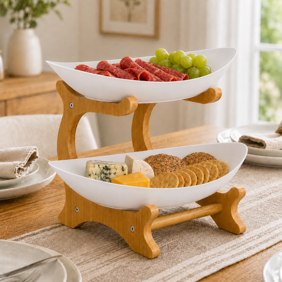 Bamboo 2-Tier Serving Platter Set - White