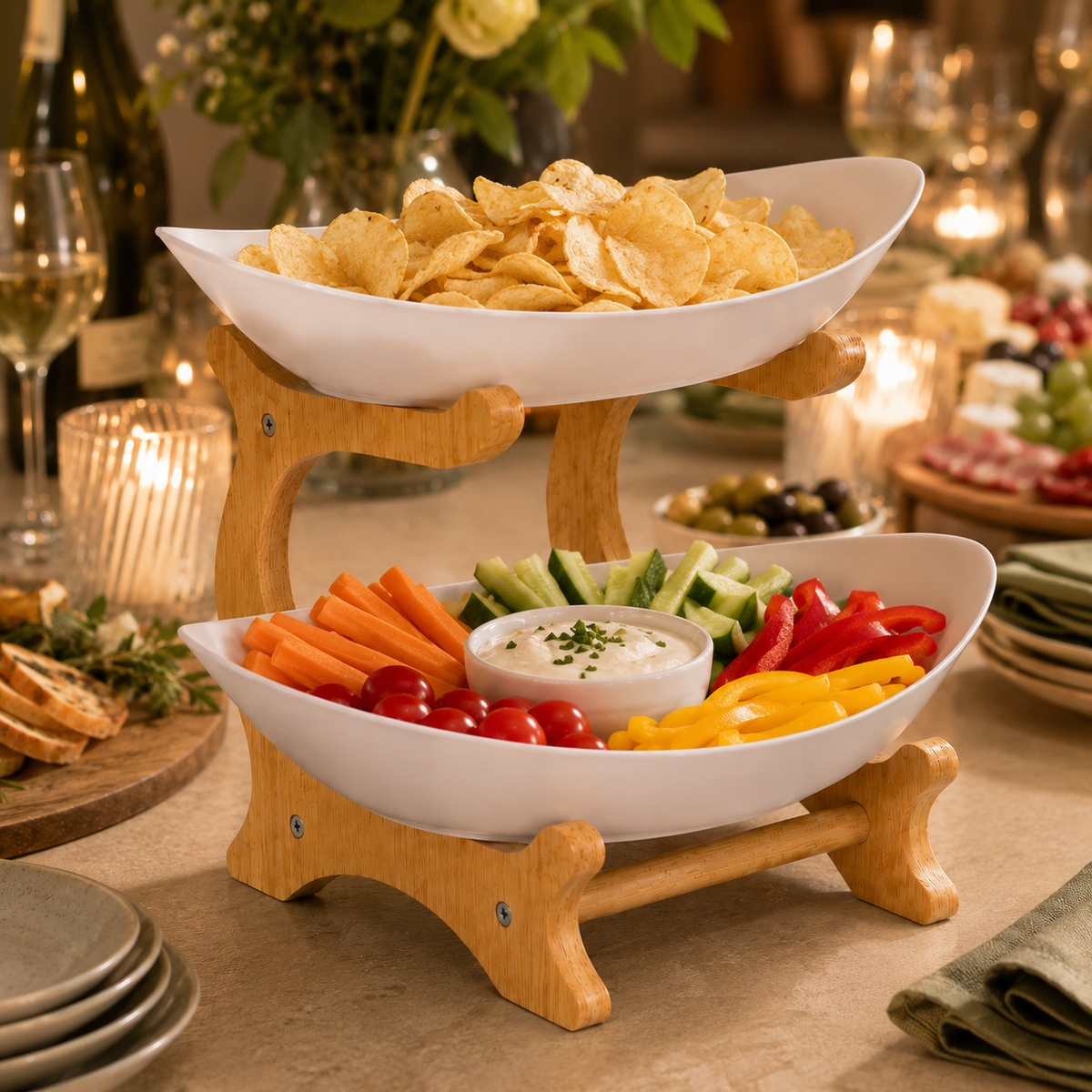 Bamboo 2-Tier Serving Platter Set - White