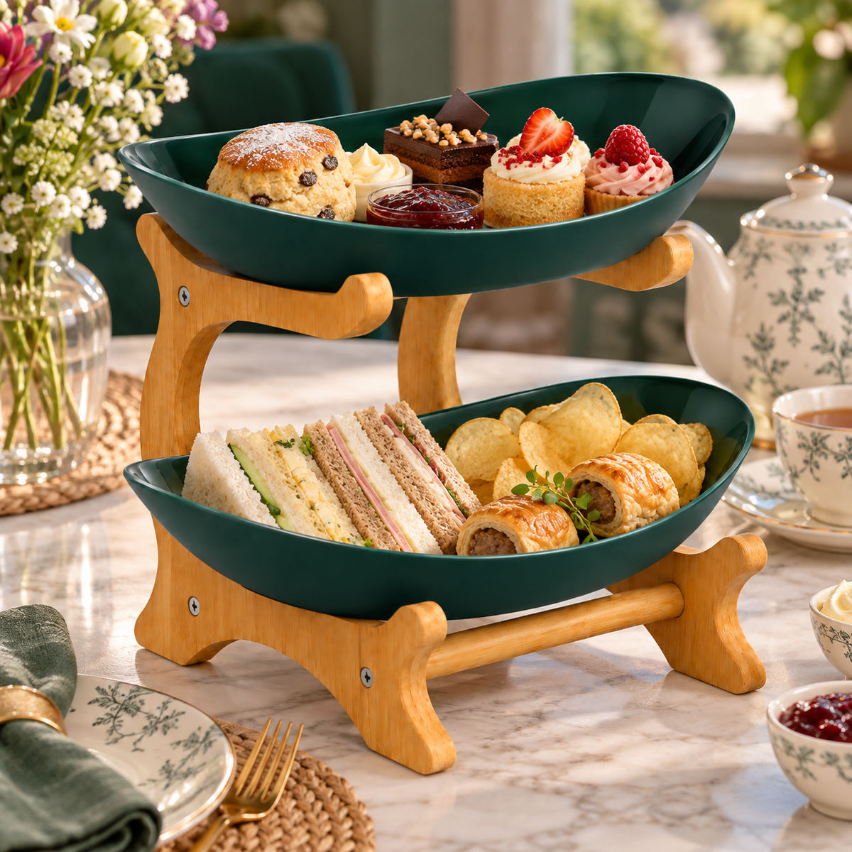 Bamboo 2-Tier Serving Platter Set - Dark Green