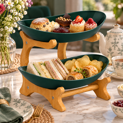 Bamboo 2-Tier Serving Platter Set - Dark Green