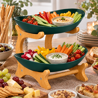 Bamboo 2-Tier Serving Platter Set - Dark Green