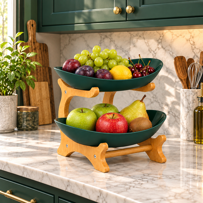 Bamboo 2-Tier Serving Platter Set - Dark Green