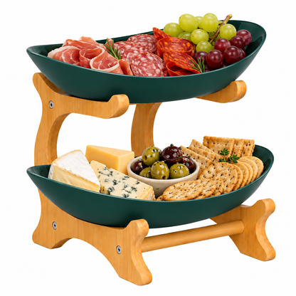 Bamboo 2-Tier Serving Platter Set - Dark Green