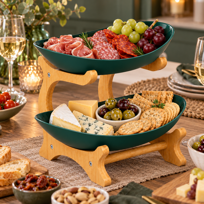 Bamboo 2-Tier Serving Platter Set - Dark Green