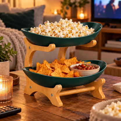 Bamboo 2-Tier Serving Platter Set - Dark Green