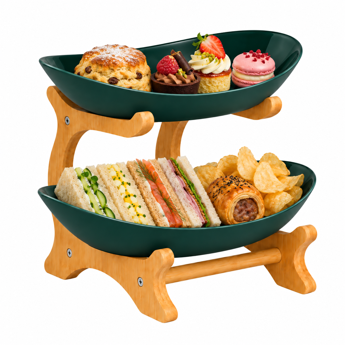 Bamboo 2-Tier Serving Platter Set - Dark Green