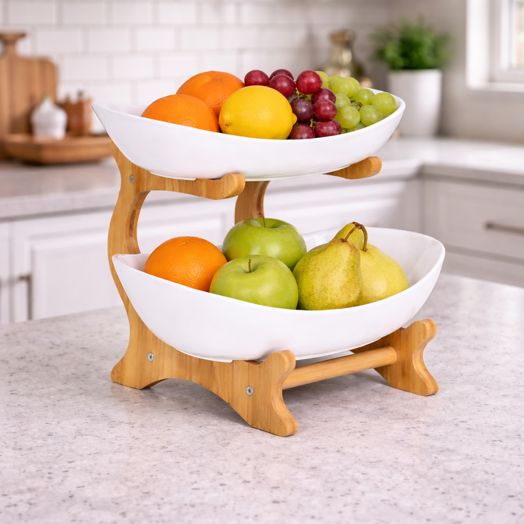 Bamboo 2-Tier Serving Platter Set - White