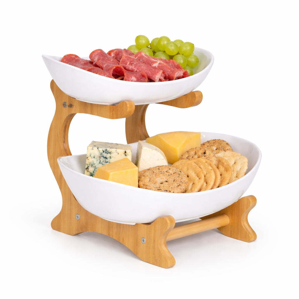Bamboo 2-Tier Serving Platter Set - White