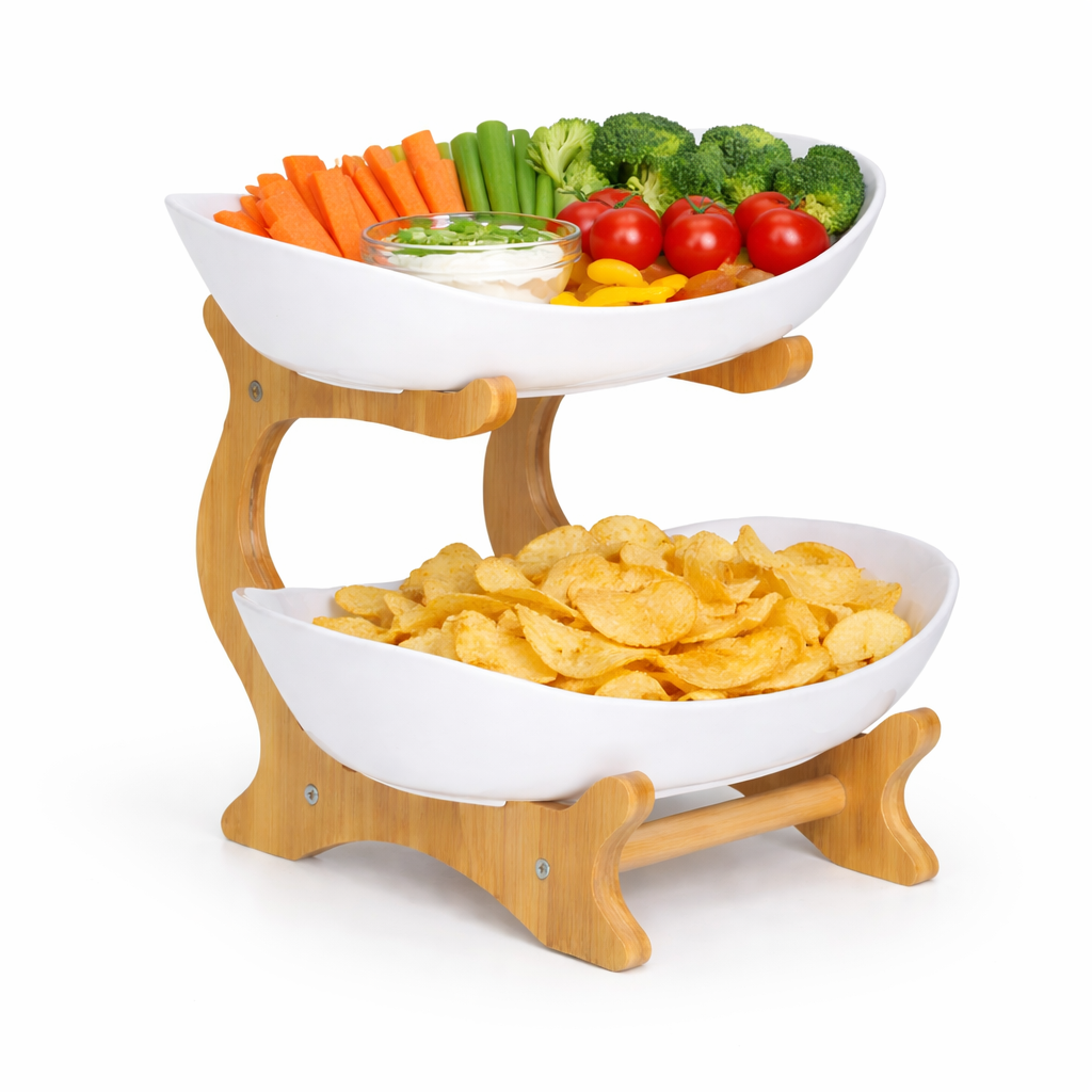 Bamboo 2-Tier Serving Platter Set - White