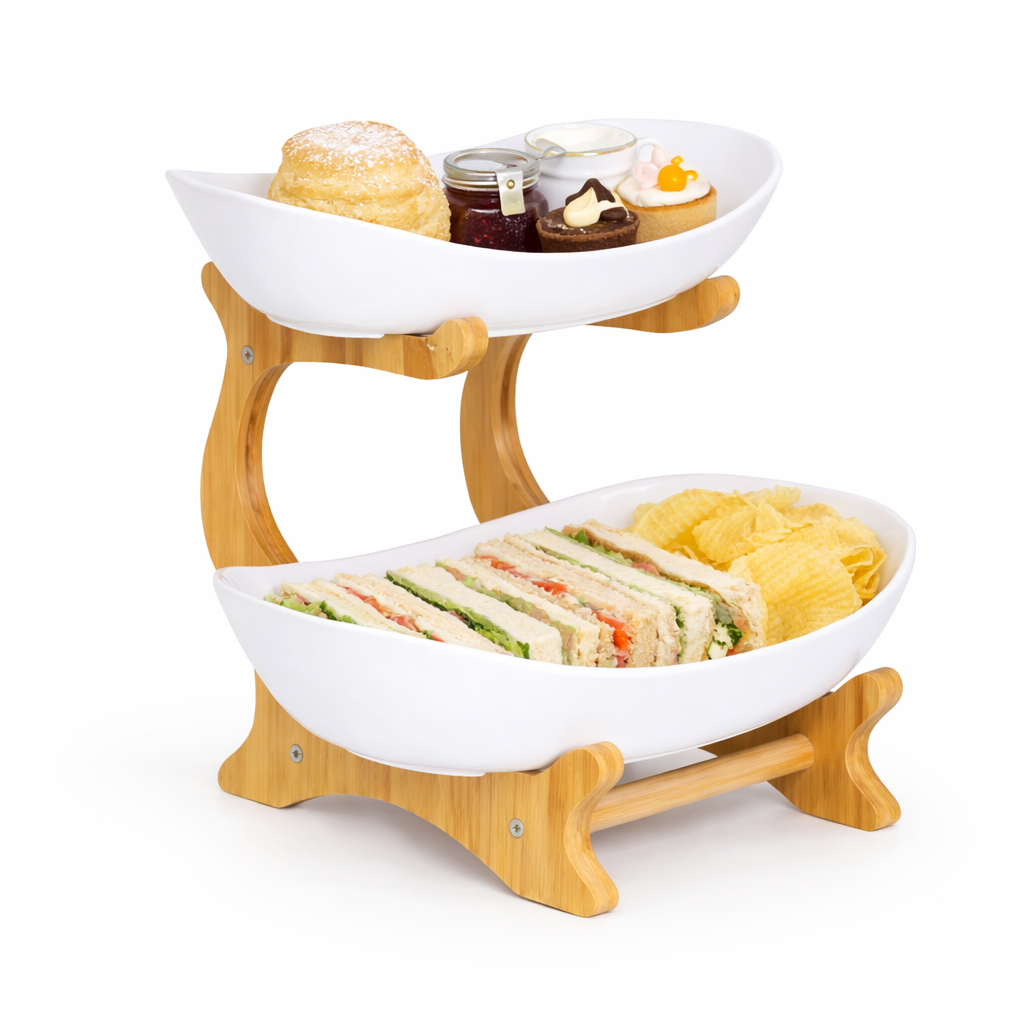 Bamboo 2-Tier Serving Platter Set - White