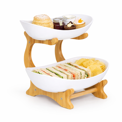 Bamboo 2-Tier Serving Platter Set - White