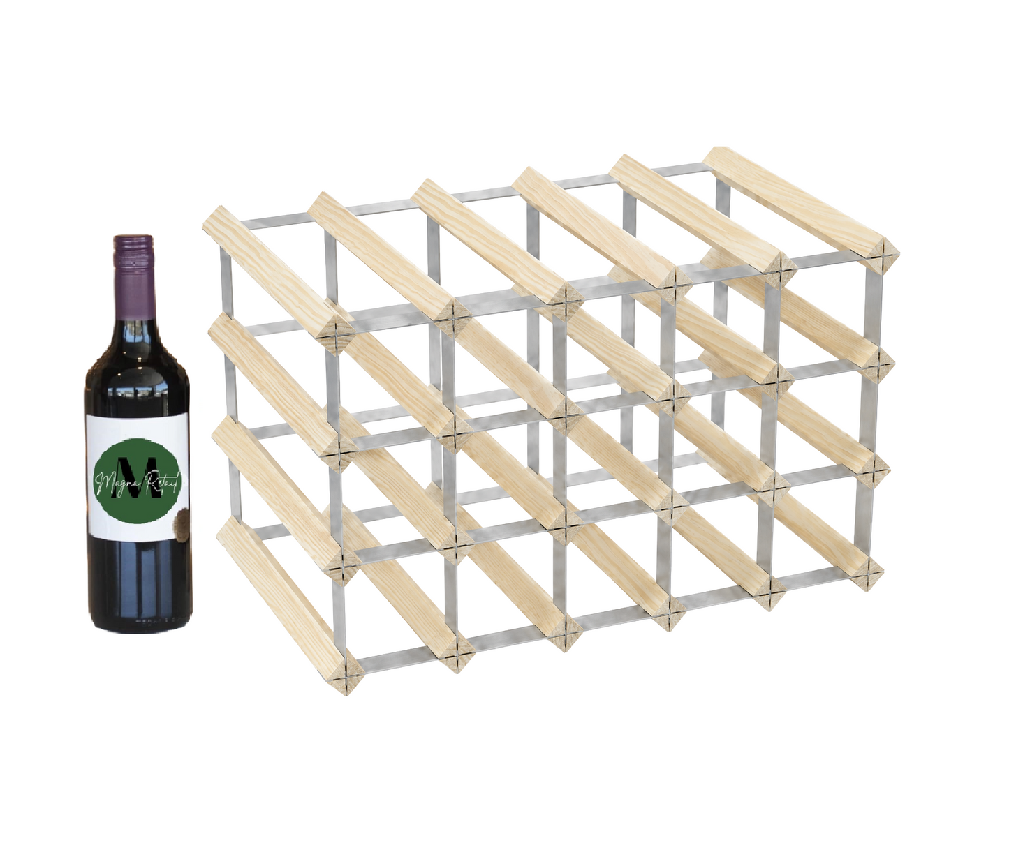 20 Bottle Wood & Metal Wine Rack (Natural Wood & Silver)