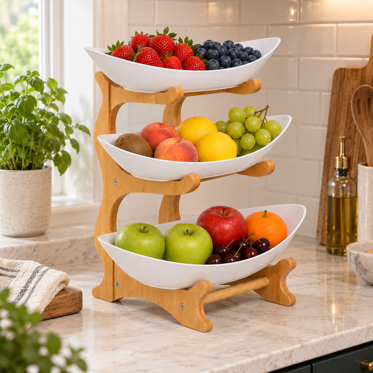 Bamboo 3-Tier Serving Platter Set - White