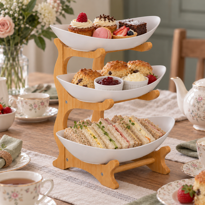 Bamboo 3-Tier Serving Platter Set - White