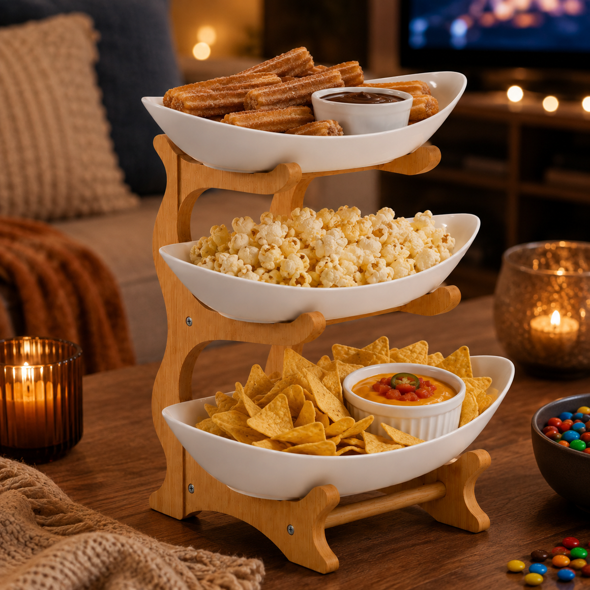 Bamboo 3-Tier Serving Platter Set - White
