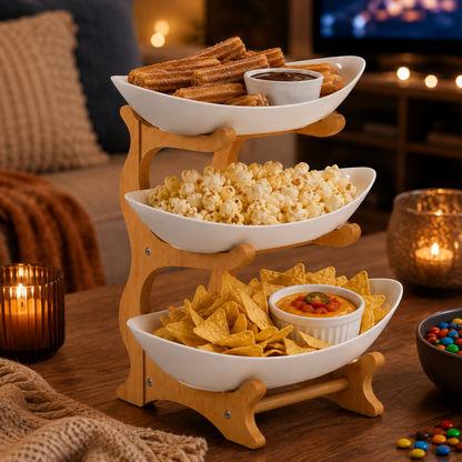 Bamboo 3-Tier Serving Platter Set - White