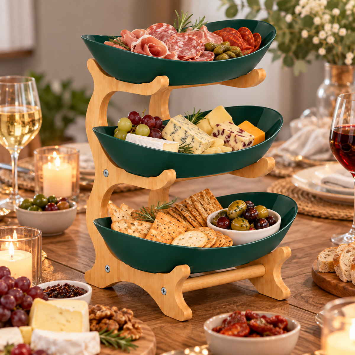 Bamboo 3-Tier Serving Platter Set - Dark Green