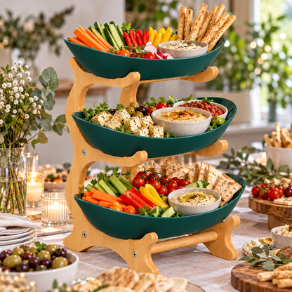 Bamboo 3-Tier Serving Platter Set - Dark Green