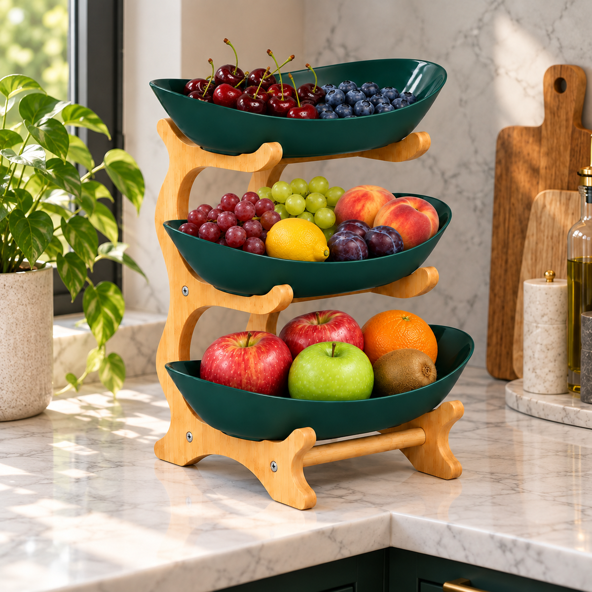 Bamboo 3-Tier Serving Platter Set - Dark Green