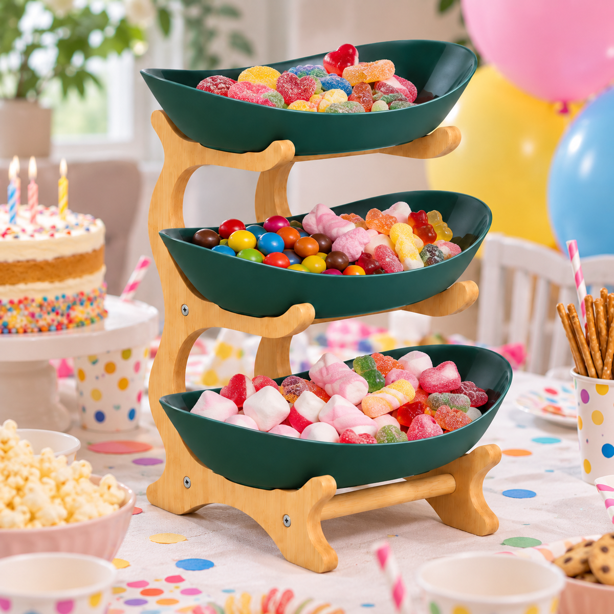 Bamboo 3-Tier Serving Platter Set - Dark Green