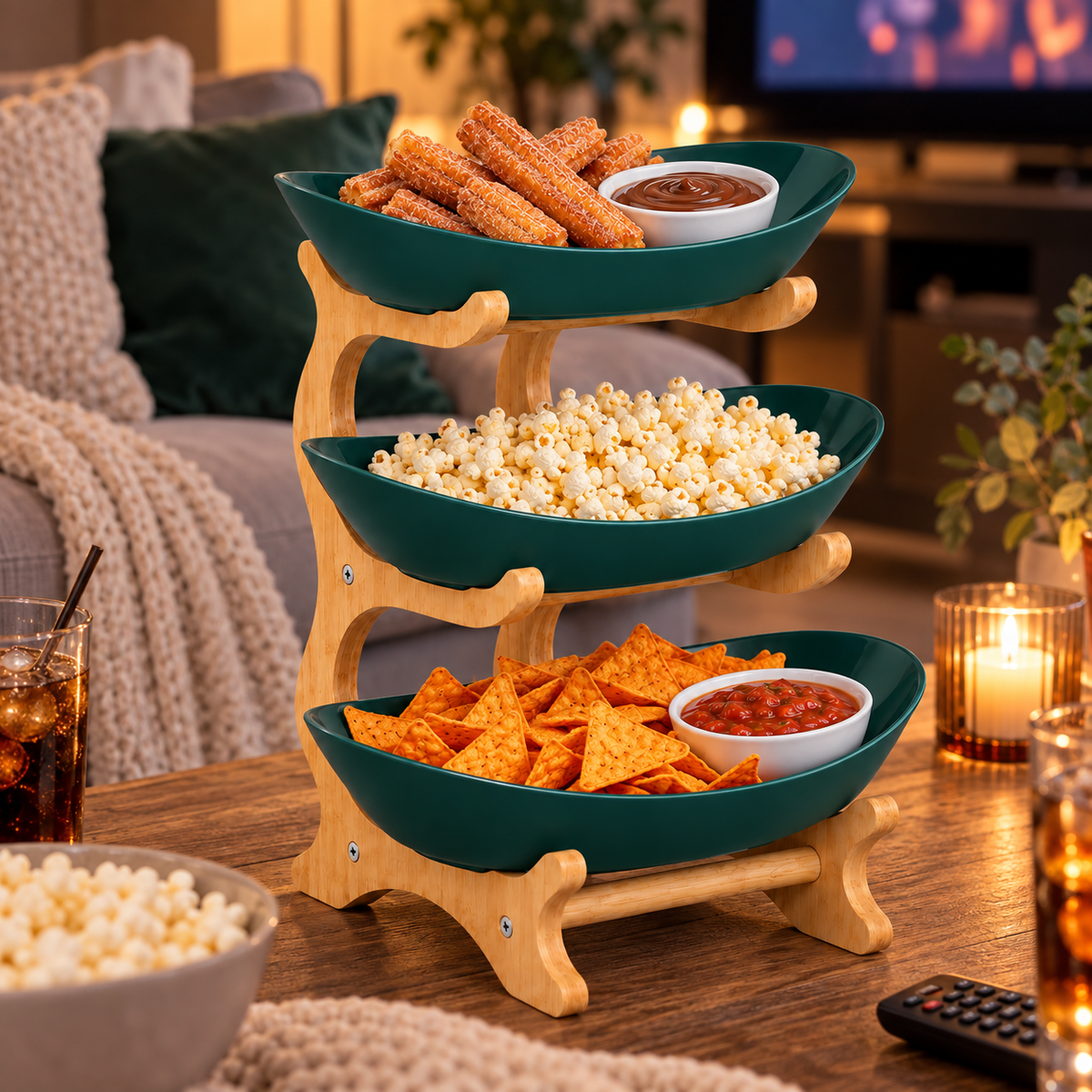 Bamboo 3-Tier Serving Platter Set - Dark Green
