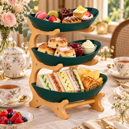 Bamboo 3-Tier Serving Platter Set - Dark Green