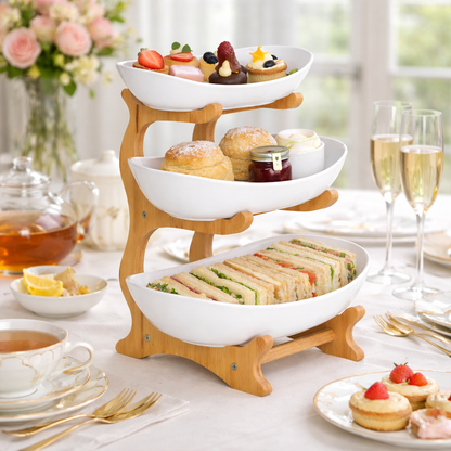 Bamboo 3-Tier Serving Platter Set - White