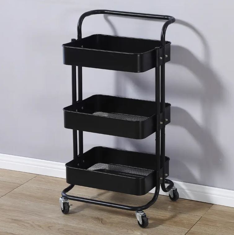 3-Tier Metal Storage Trolley on Wheels - Black