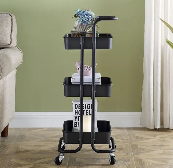 3-Tier Metal Storage Trolley on Wheels - Black