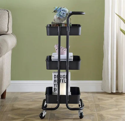 3-Tier Metal Storage Trolley on Wheels - Black