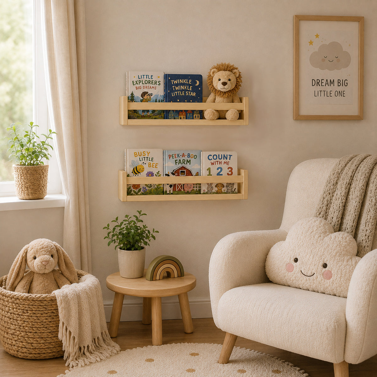 Nursery Floating Book Shelves Natural Wood 42cm - Set of 2