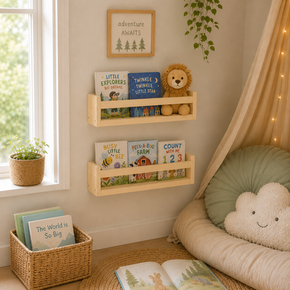 Nursery Floating Book Shelves Natural Wood 42cm - Set of 2