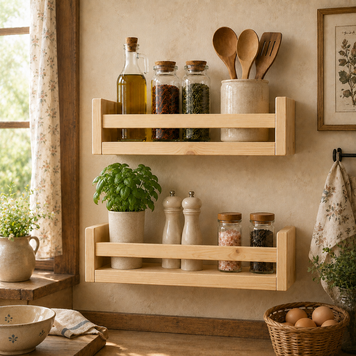 Nursery Floating Book Shelves Natural Wood 42cm - Set of 2