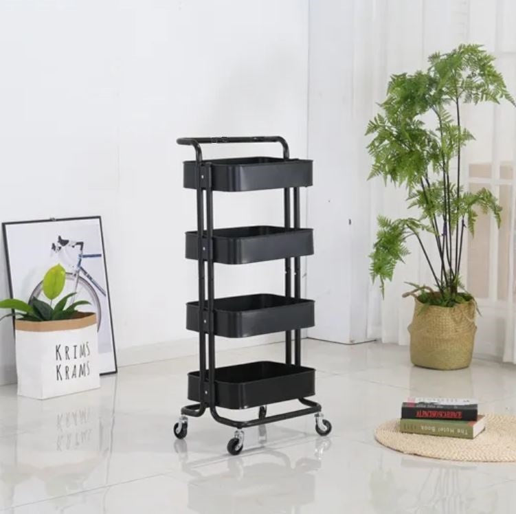 4-Tier Metal Storage Trolley on Wheels - Black