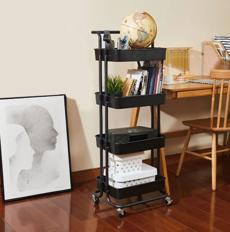 4-Tier Metal Storage Trolley on Wheels - Black