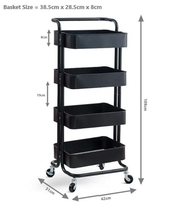4-Tier Metal Storage Trolley on Wheels - Black