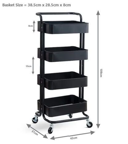 4-Tier Metal Storage Trolley on Wheels - Black