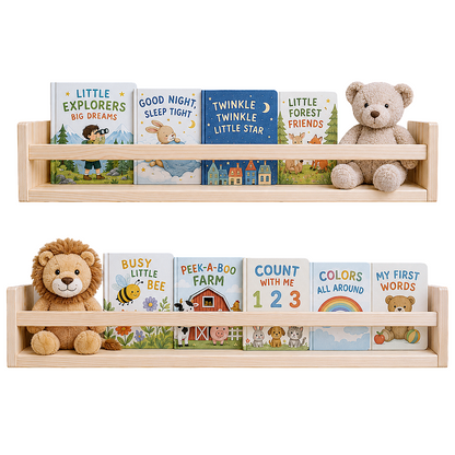 Nursery Floating Book Shelves Natural Wood 60cm - Set of 2